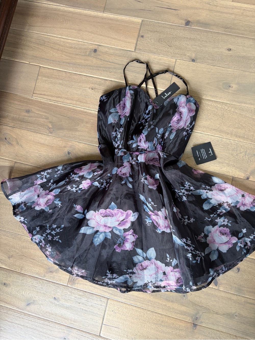 NWT Lulus Got Your Heart Black Floral Print Organza Mini Dress Medium